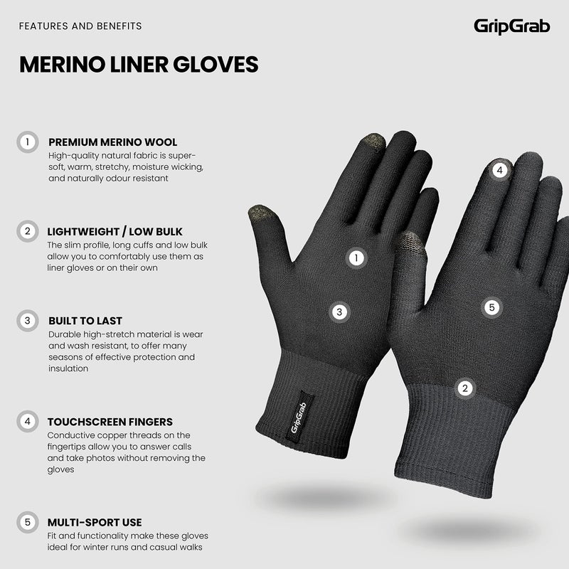 GripGrab Merino Wool Thermal Full Finger Liner Gloves Touchscreen Knitted Inner Cycling Running Hiking Undergloves - Image 2